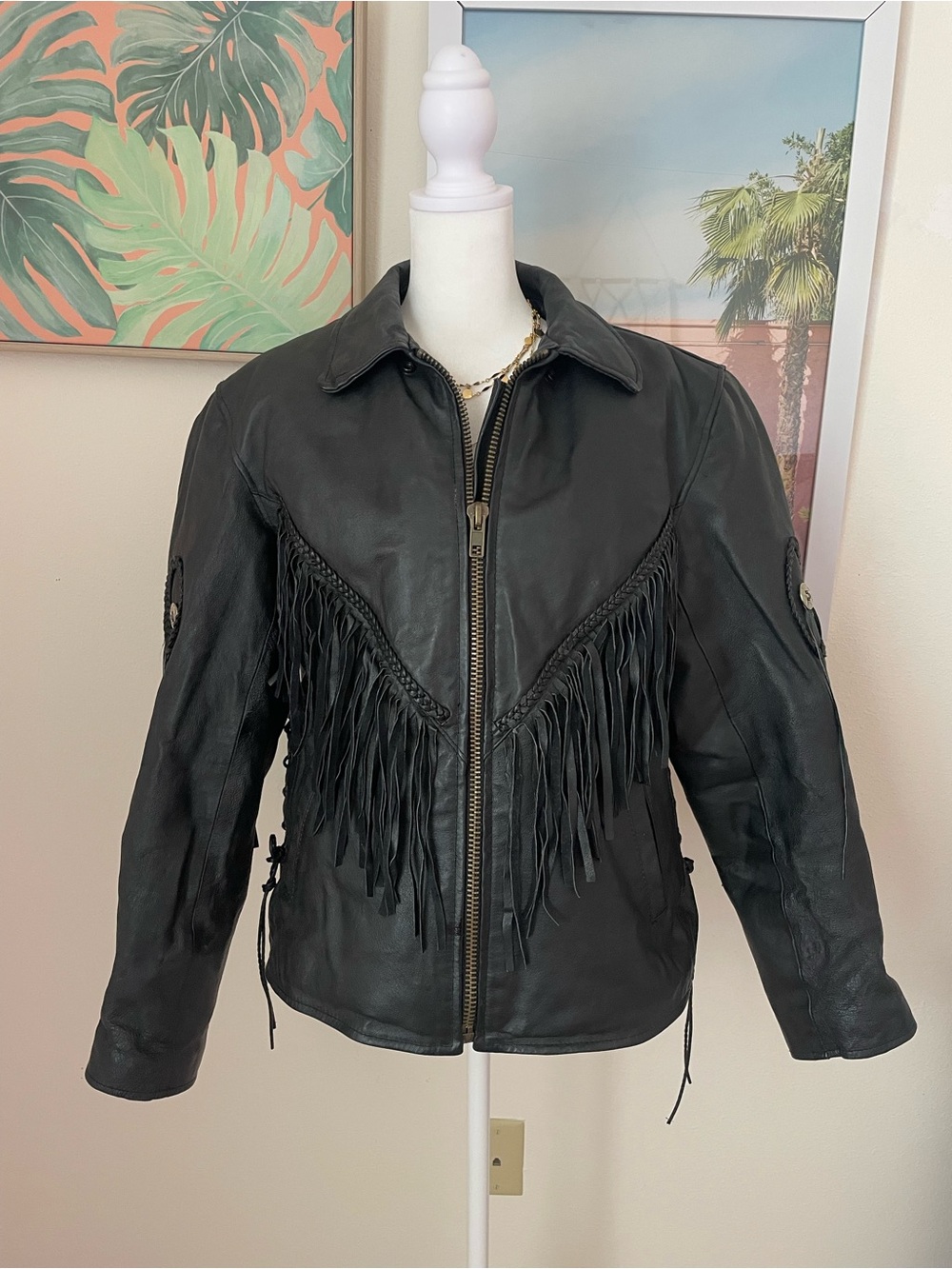 Diamond Plate Vintage Genuine Leather Womenās Black Fringe Motorcycle Jacket
